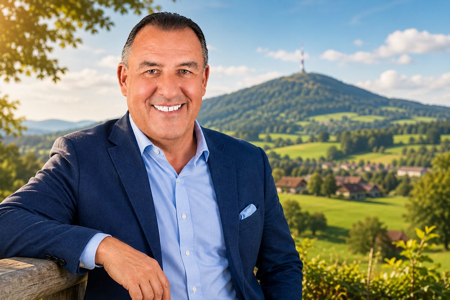 Michel Grosjean vor der Landschaft des Zürcher Oberlands mit Bachtel